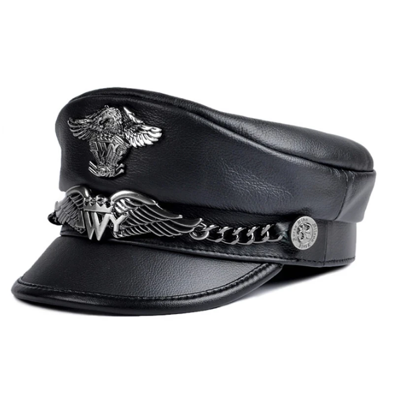 casquette-militaire-en-cuir-veritable-pour-homme-style-punk-avec-broderie-d'aigle-et-details-tresses-noir-marron-casquette-locomotive