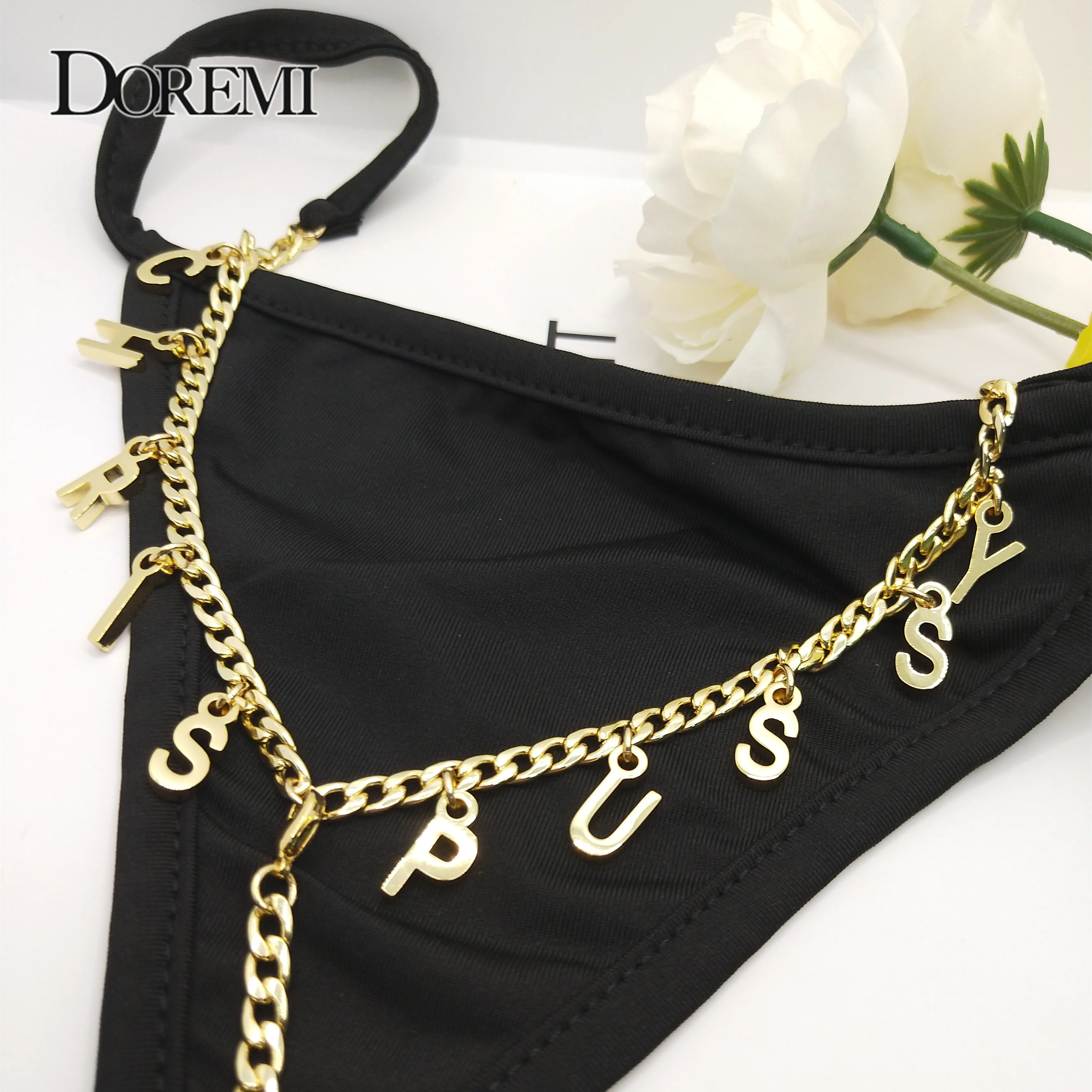 Doremi Customized Cuban Stainless Stee Name Waist Body Chains For Women Sexy Thong T-back Briefs Jewelry Gifts
