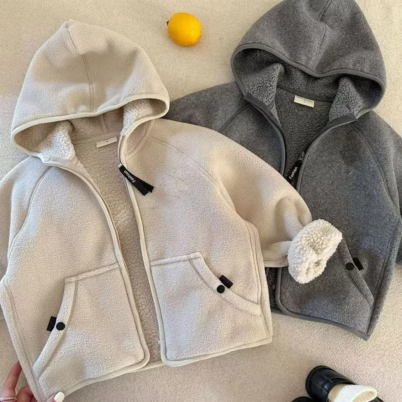 Boys Girls Warm One Piece Fleece Hooded Coat 2026 Casual OuterwearTrendy Velvet Liner Kids Hoodie Sweatshirt For 2-12Y Daily