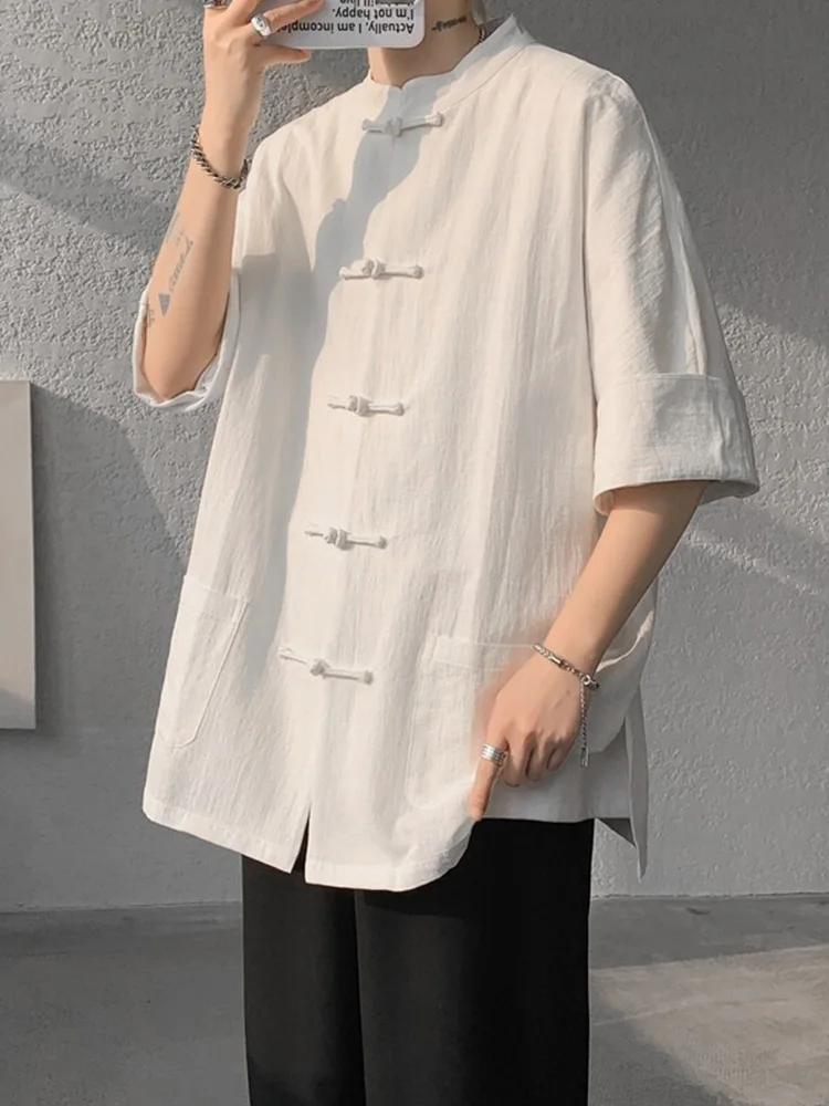 

New Chinese Sle Linen ort Sve irt Men's Summer Cotton Linen Tang Suit irt Improved Hanfu Large Size Men's Wear
