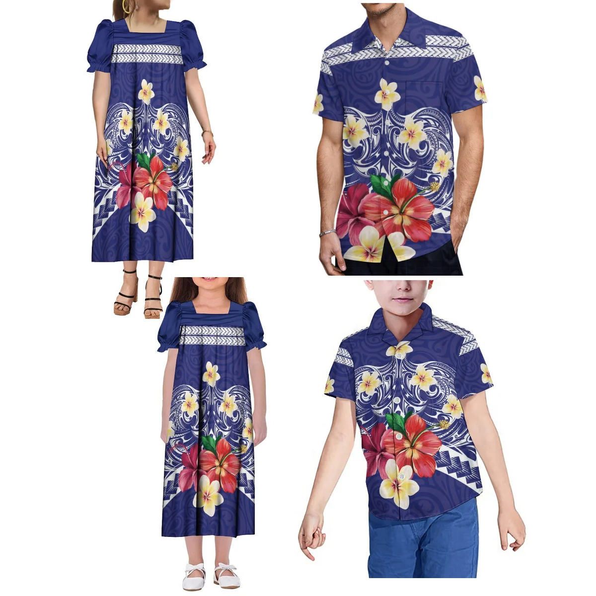 

Polynesian Tribe Men'S Aloha Shirt Boy'S Top And Mumu Women'S Dress Girl'S Dress Couple Suit Samoan Fashion Family Suit