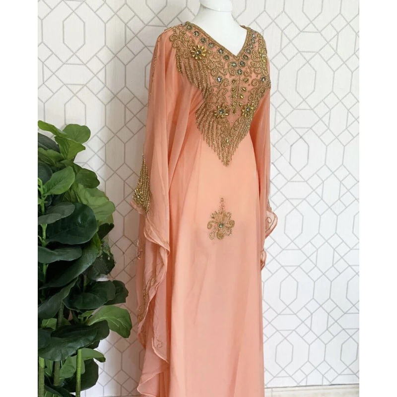 

Peach Moroccan Dubai Kaftans Farasha Abaya Dress Very Fancy Long Gown Fashion Trends
