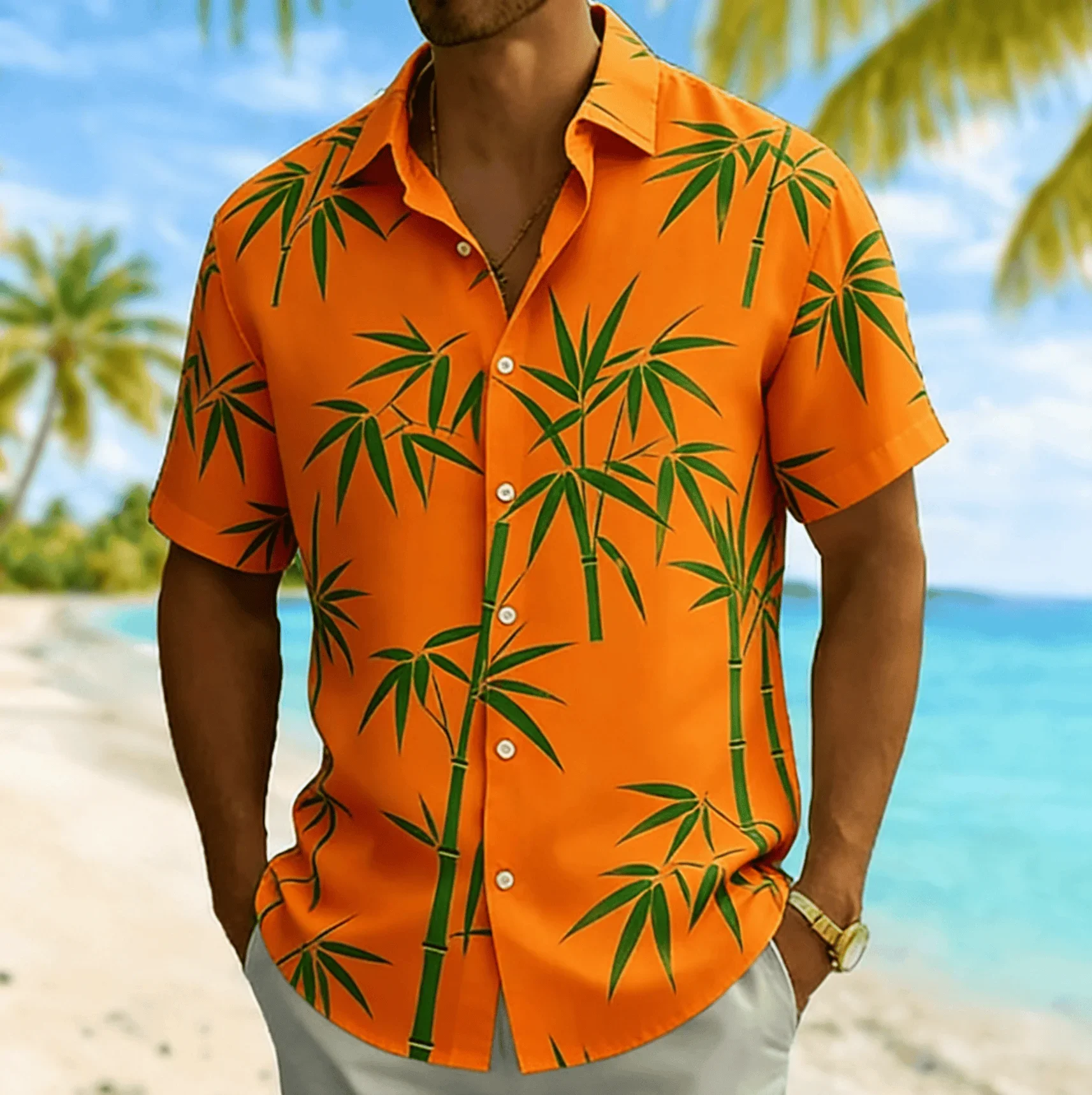 2026 Men's Bamboo Leaf Print Short Sleeve Shirt, Spring Summer Fresh Vacation Blouse, Turn-Down Collar Loose Top