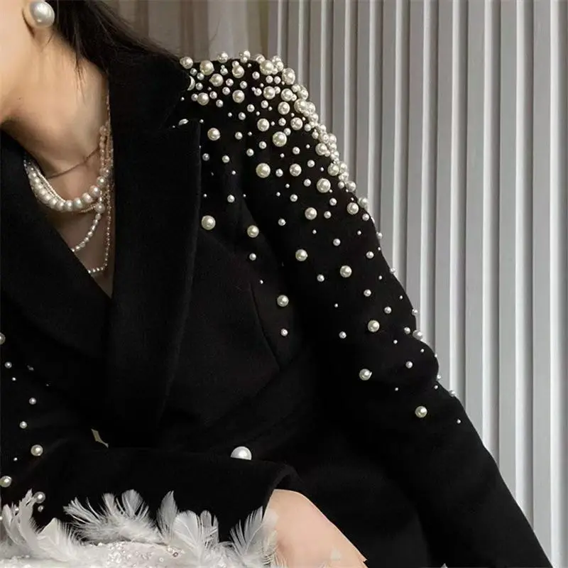 Elegante Frauen Handgemachte Perlen Perlen Woolen Blazer Mantel Drehen Unten Kragen Abnehmen Zweireiher Anzüge Jacke Strickjacke Tops