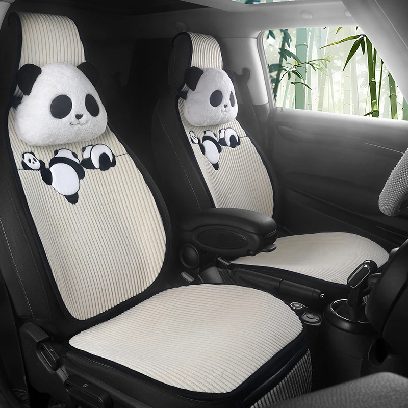 Cute panda car cushion, Corduroy seat cushion with storage bag Suitable for more than 95% car models Trucks, Sedans SUVs