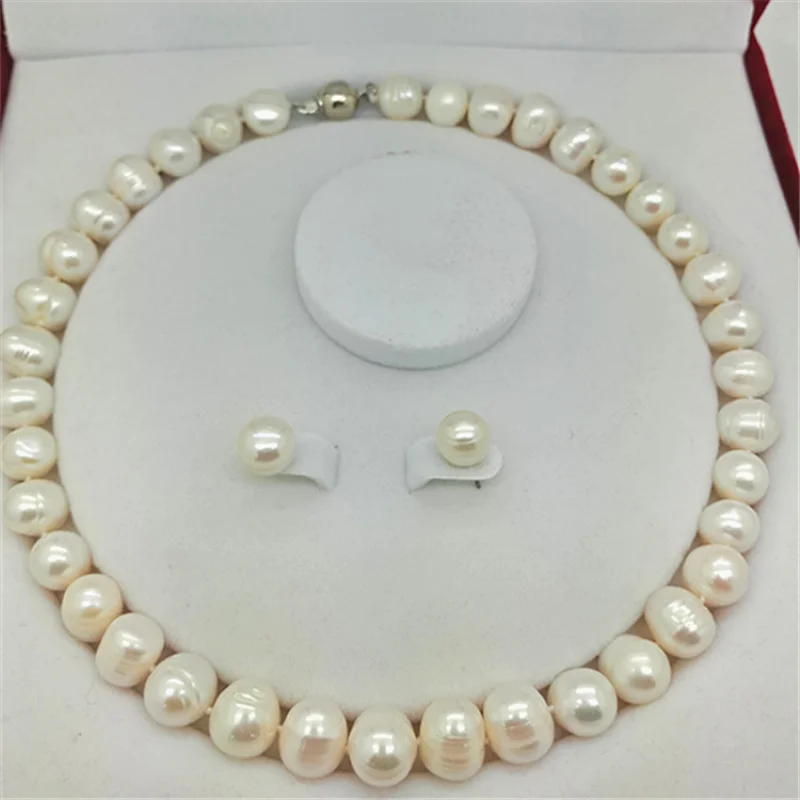 10-11mm-grade ribbed freshwater cultured natural pearl earring and necklace set