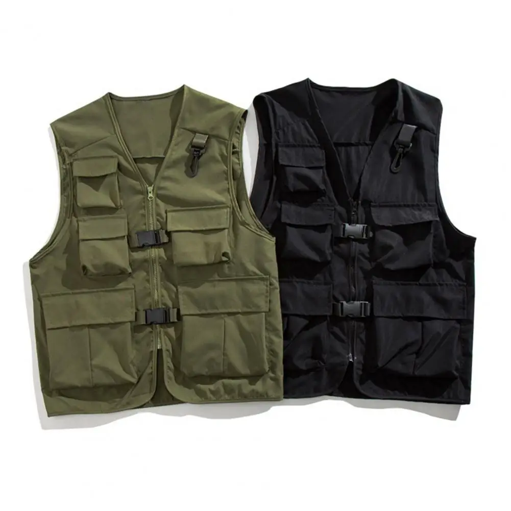 Men Casual Vest Coat V-neck Sleeveless Vest Multi Pockets Zipper Buckle Placket Waistcoat Outerwear Vest Summer Jacket