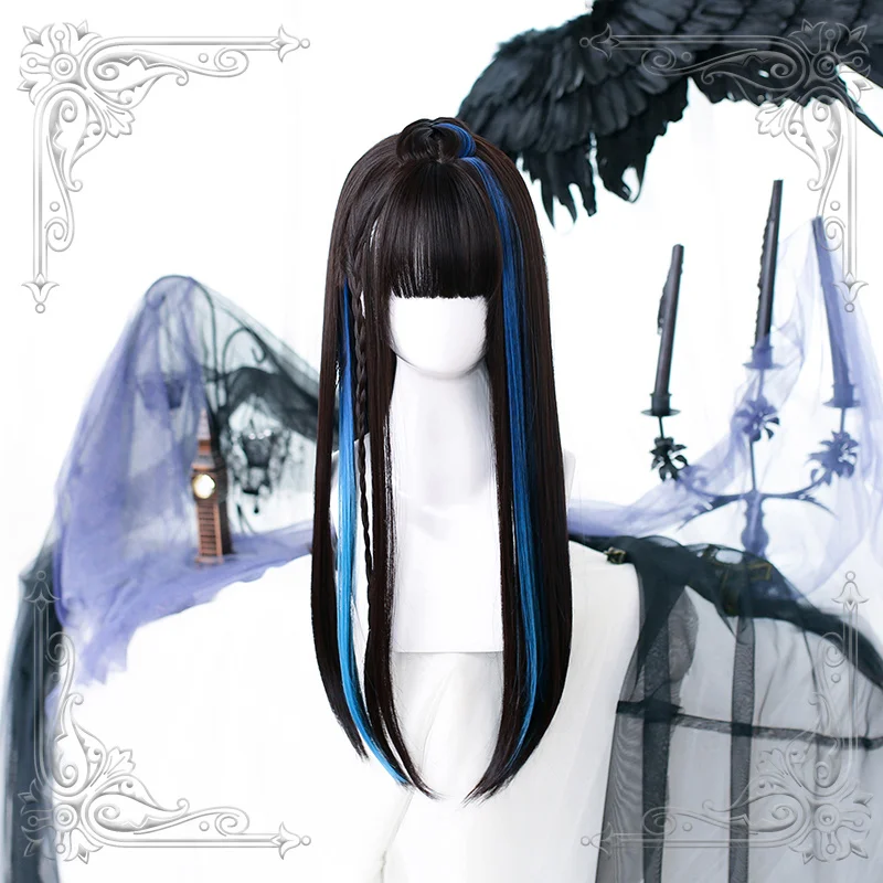 Female Long Straight Bangs Black Wig Part Gradual Change Dyed Blue Women Natural Synthetic Wigs Cosplay Party