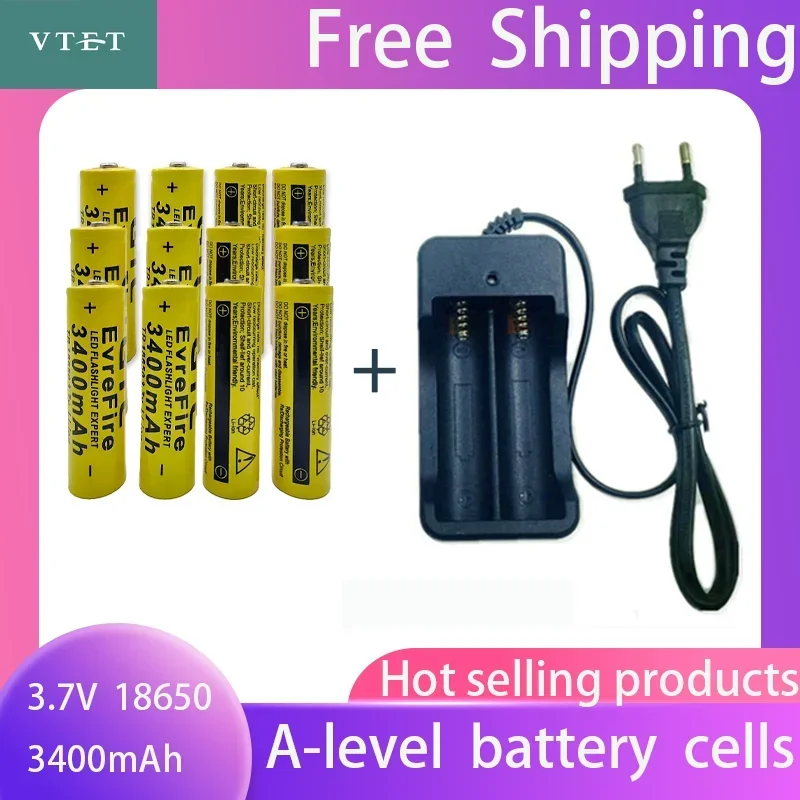 2024 New Battery High Quality 3400mAh 3.7V 18650 Li-ion Batteries Rechargeable Battery for Flashlight Torch Fan Toy Car+Charger