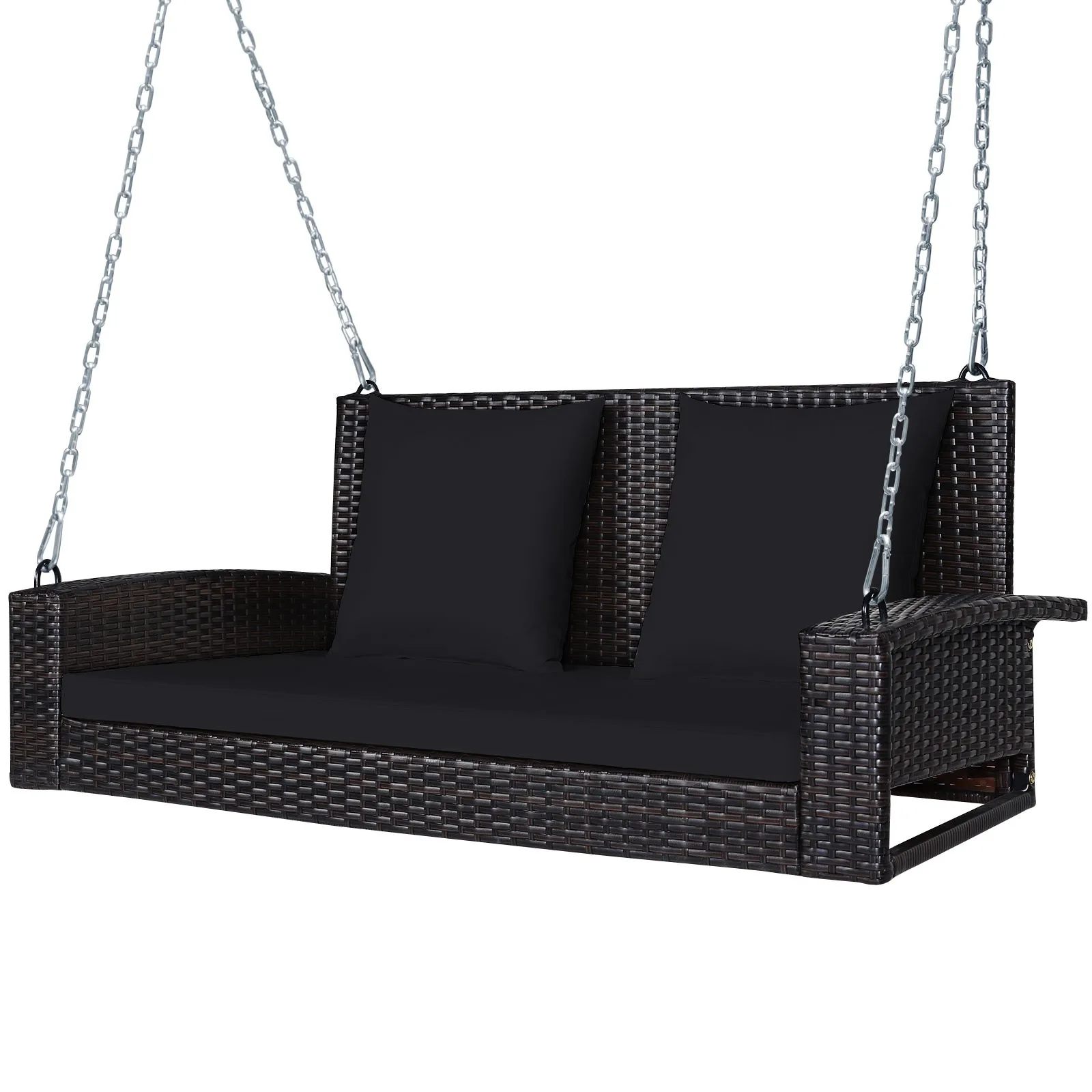 

2 Person Rattan Hanging Swing Chair for Patio Porch Outdoor Garden Black Wicker Bench with Cushion Comfortable Relax Seating