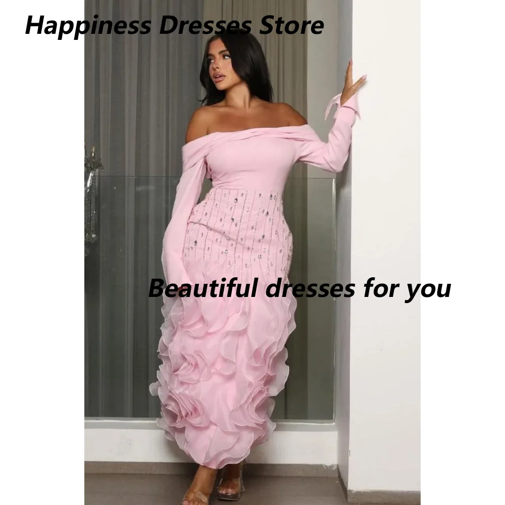 

Pink Evening Dress for Women Long Sleeves Off Shoulder Evening Gown Crystal Ruffles Ankle Length Mermaid Party Dress Customized