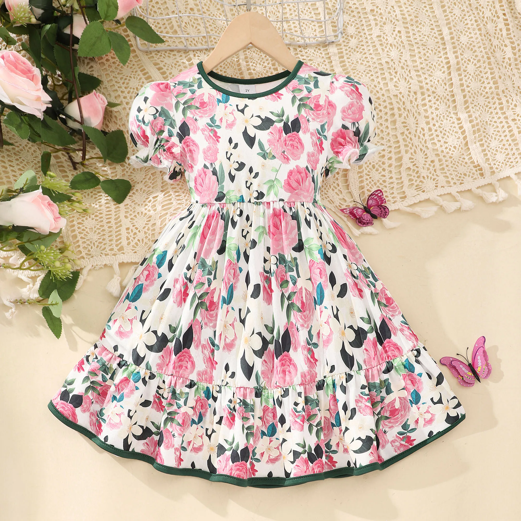 Girls Adorable Flower Print Crew Neck Short Sleeve A-Line Dress