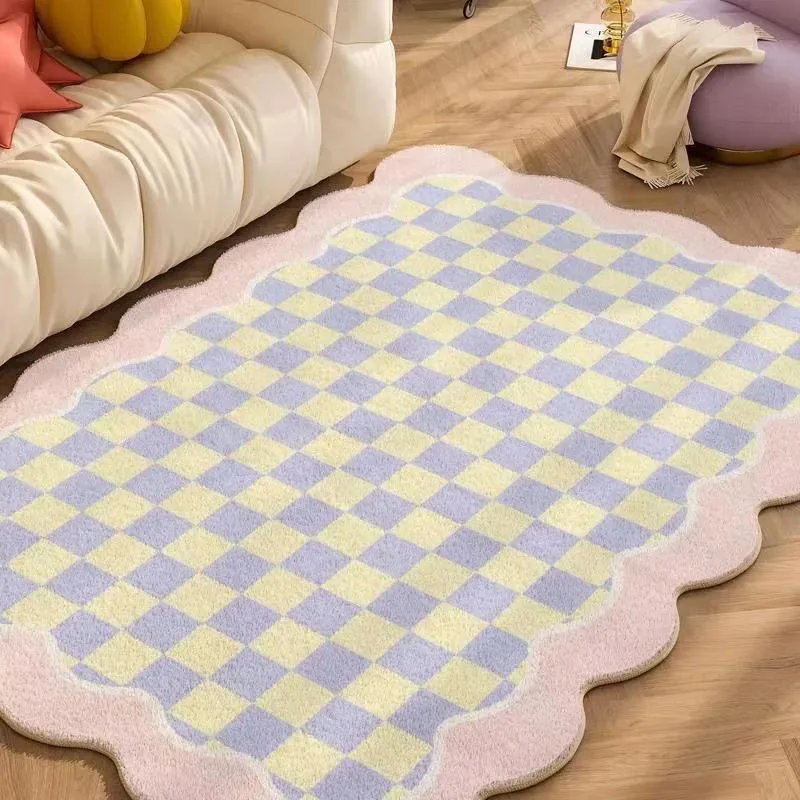 

VIKAMA Cream-Style Checkerboard Area Rug Soft Children's Bedroom Bedside Rug Hallway Living Room Floor Mat Home Decor