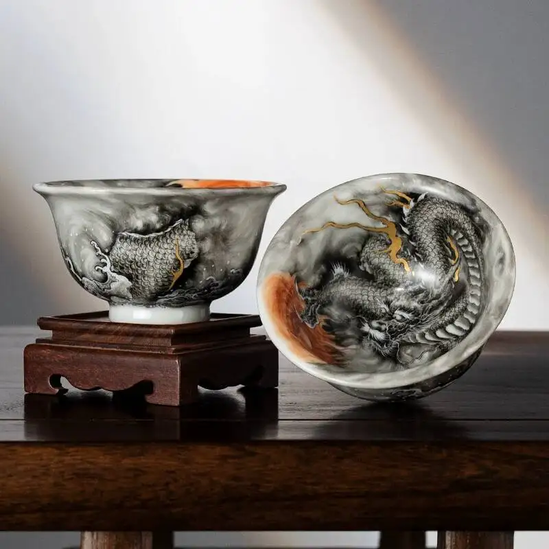 Sacred Mountain Jingdezhen Mo Long Hand-Painted Pressed Hand Lid Bowl Vintage Ceramic Set Tea Master Cup