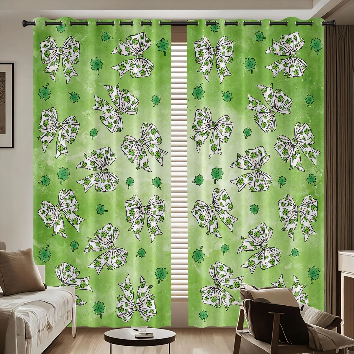 2 Stück St. Patrick's Green Clover Print Perforierte Verdunkelungsvorhänge in verschiedenen Größen für Wohnzimmer, Schlafzimmer, Isolierung, Verdunkelung, Dekoration