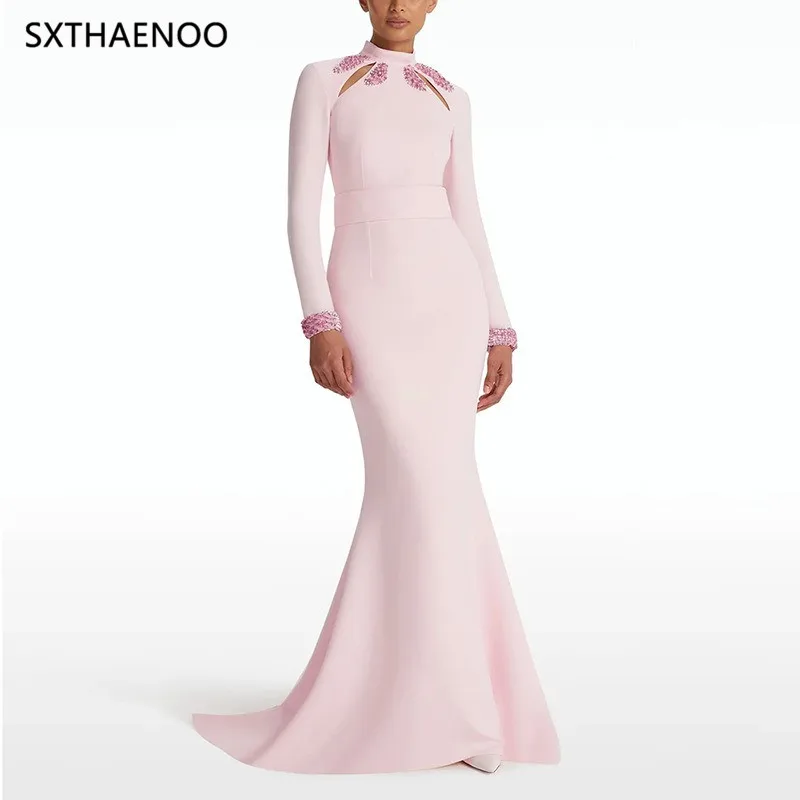 

SXTHAENOO Luxury Solid Slimming Spliced Sequins Elegant Dresses Women High Neck Long Sleeves Hollow Out Long Evening DressFemale