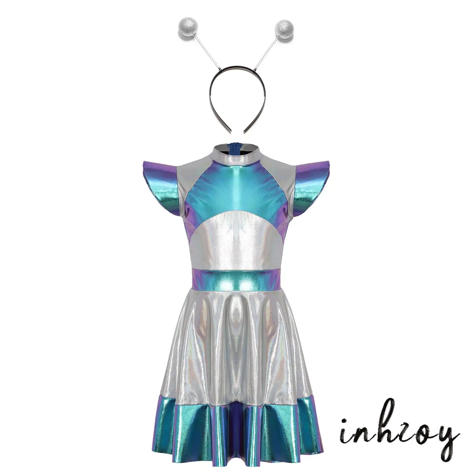 

Girls Galaxy Explorer Set Alien Inspired Dress with Detachable Tentacles Hoop Headband for Halloween Rave Themed Party