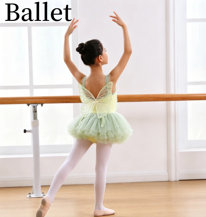 Girl Ballet Summer Spaghetti Strap Butterfly Sequined Lace Trim Tulle Tutu Leotard Kids Fairy Style For Stage Performance Outfit