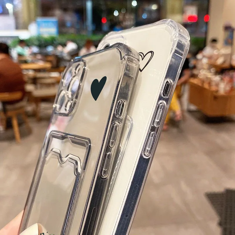 Card Bag Holder Clear Case For iPhone 15 Pro Max 14 13 12 11 With Love Heart Print Cover For iPhone XS X XR 7 8 Plus SE2020 Case