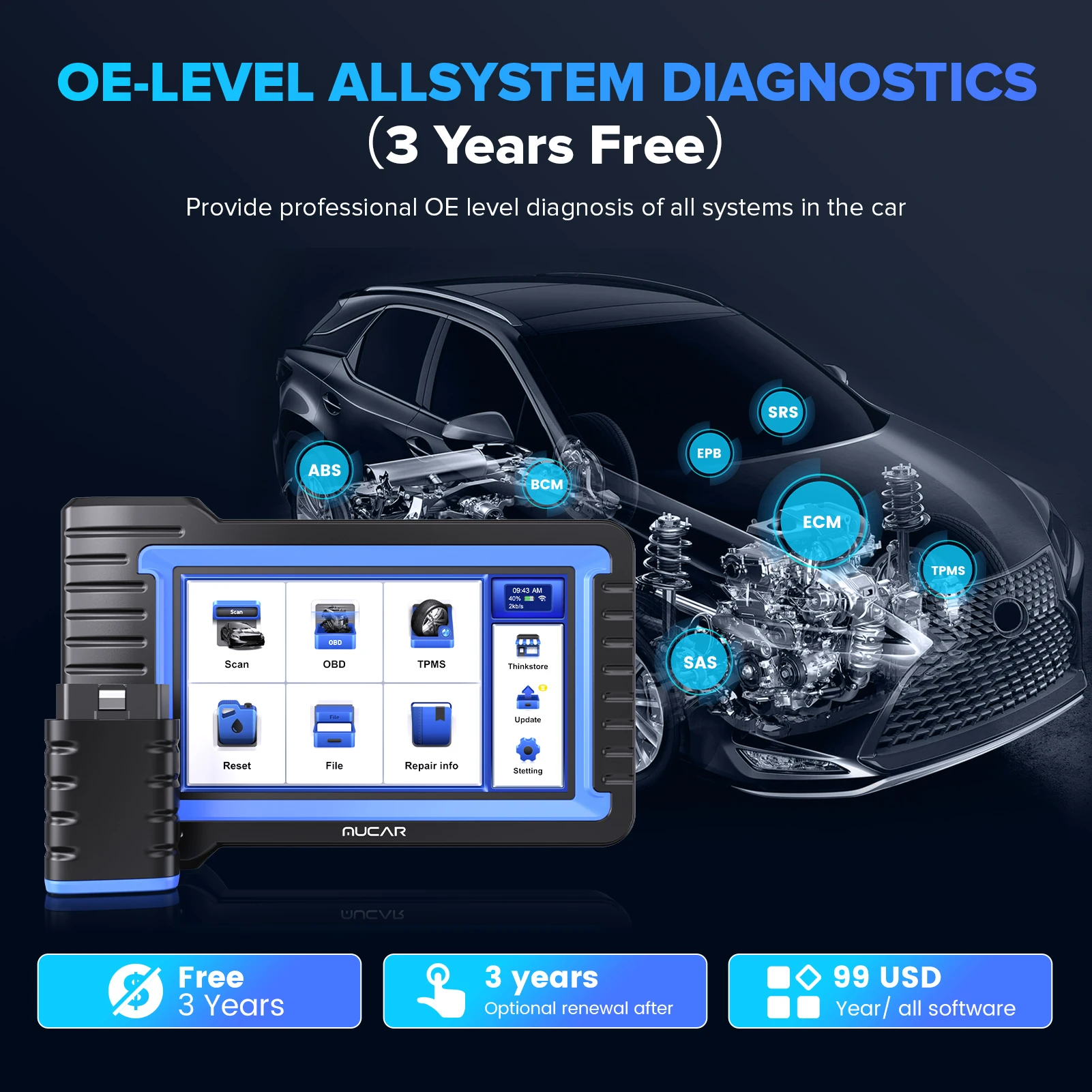 MUCAR VO7S/VO7 Car Diagnostic Tool Bi-Directional ECU Coding Obd2 Scanner Full System Diagnosis 28 Reset AutoAuth for FCA SGW