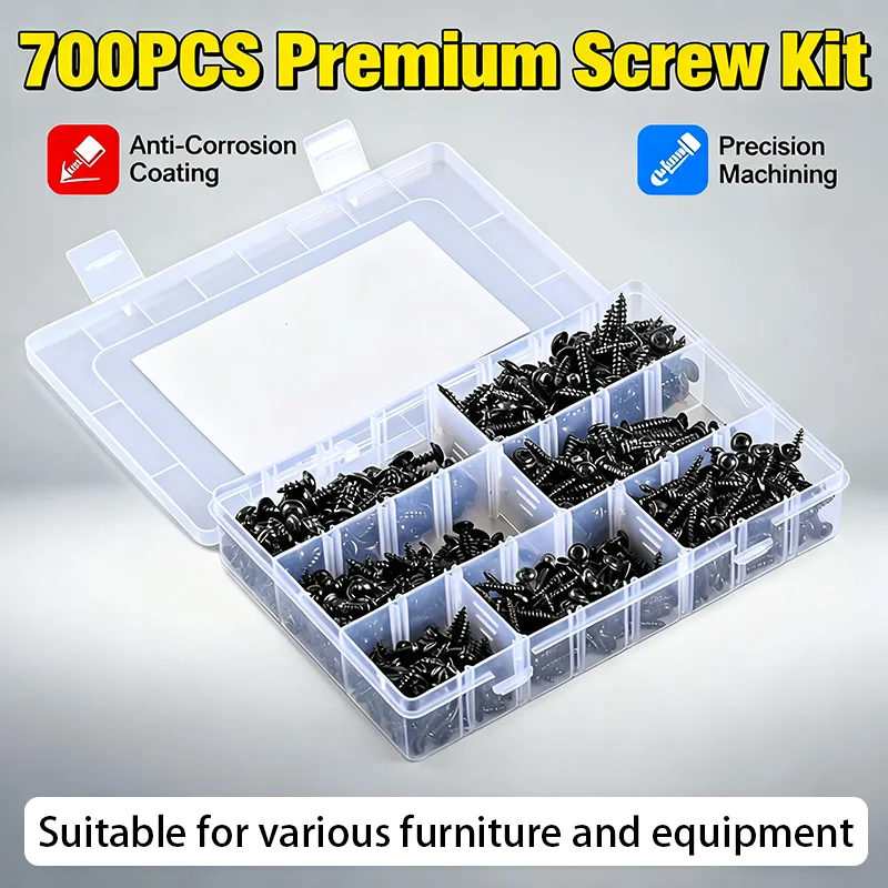 

700pcs M3.5 M4 M5 PWA Black Self-Tapping Screws Set with Washers Carbon Steel Thread Insert Screws Steel Nails for DIY Projects