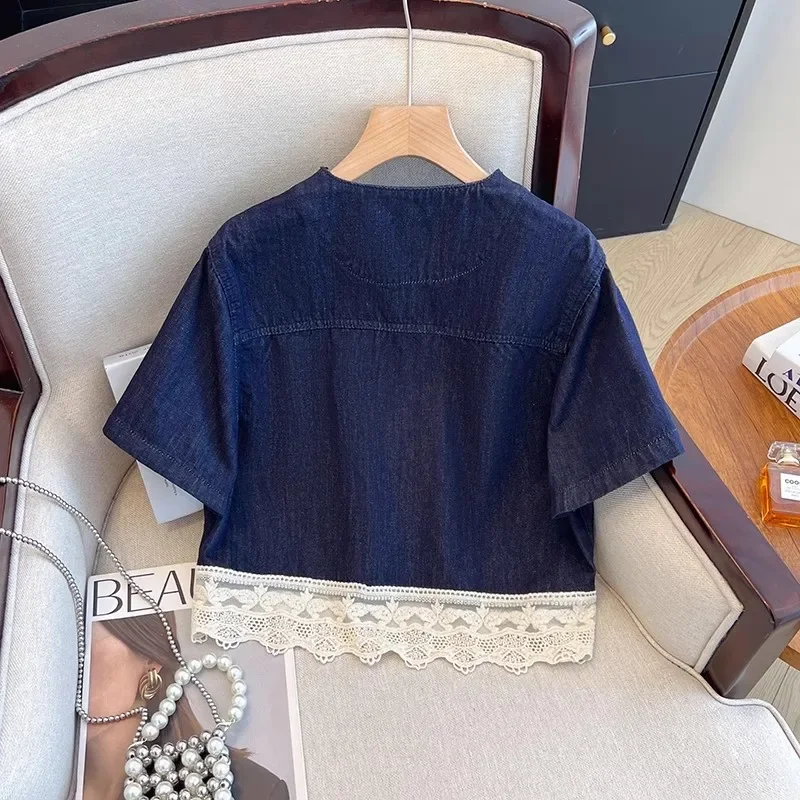 Summer New Thin Dark Blue Slim Short Denim Jacket Women Round Neck Single-Breasted Short Sleeve Lace Patchwork Jeans Jacket Coat
