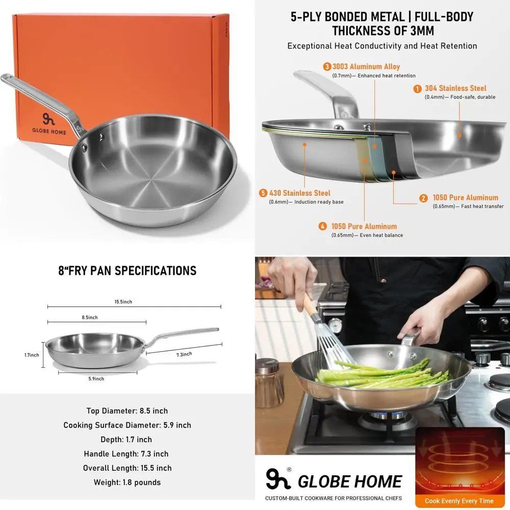 

8-дюймовая мини-сковорода из нержавеющей стали — 5-слойная алюминиевая сердцевина для выравнивания нагрева, прочная профессиональная сковорода для приготовления пищи