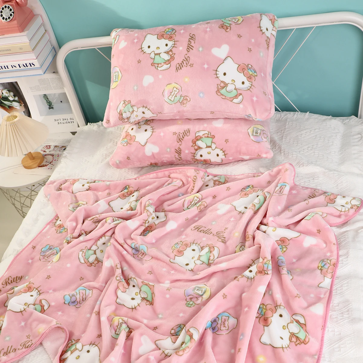 快適なサンリオぬいぐるみハローキティブランケット暖かいフランネルブランケット枕カバー和風パターン印刷ブランケットベッドカバー