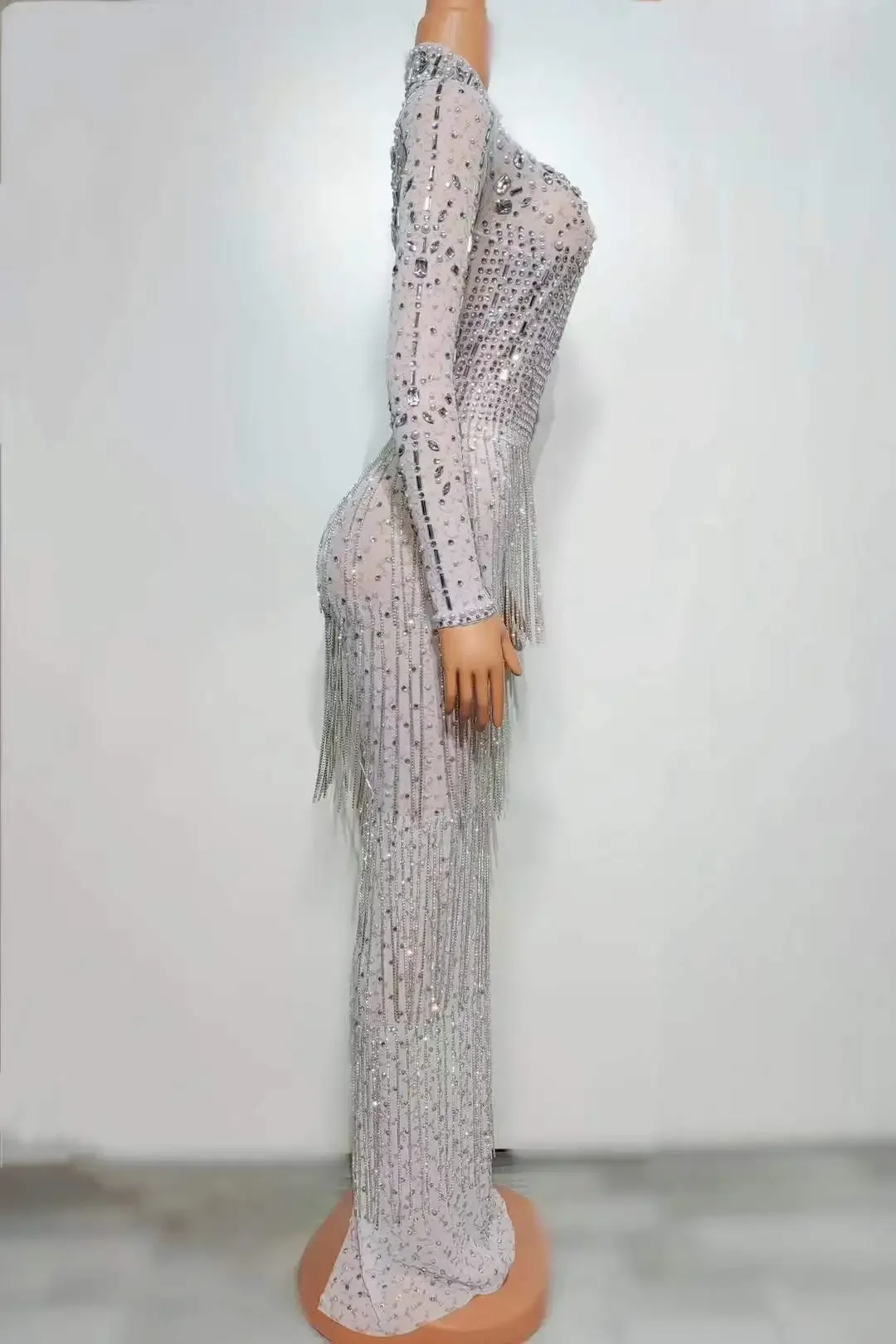 White Long Dress For Women Luxury Rhinestone Fringe Drill Chain Singer Birthday Party Drag Queen Costume Wedding Evening Night