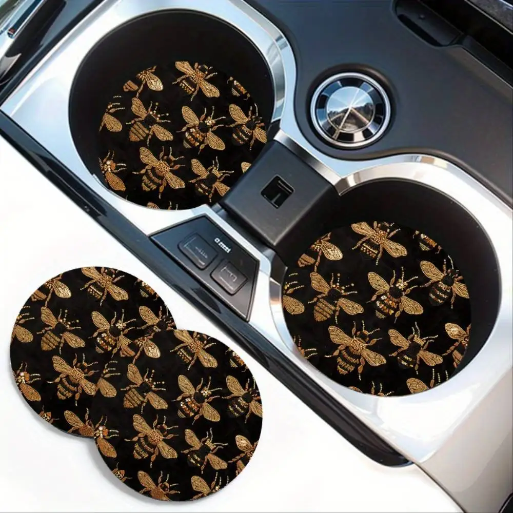 Sparkling Bee Design Car Cup Holder Coasters Non-Slip Rubber Drink Mats For Vehicle Interior