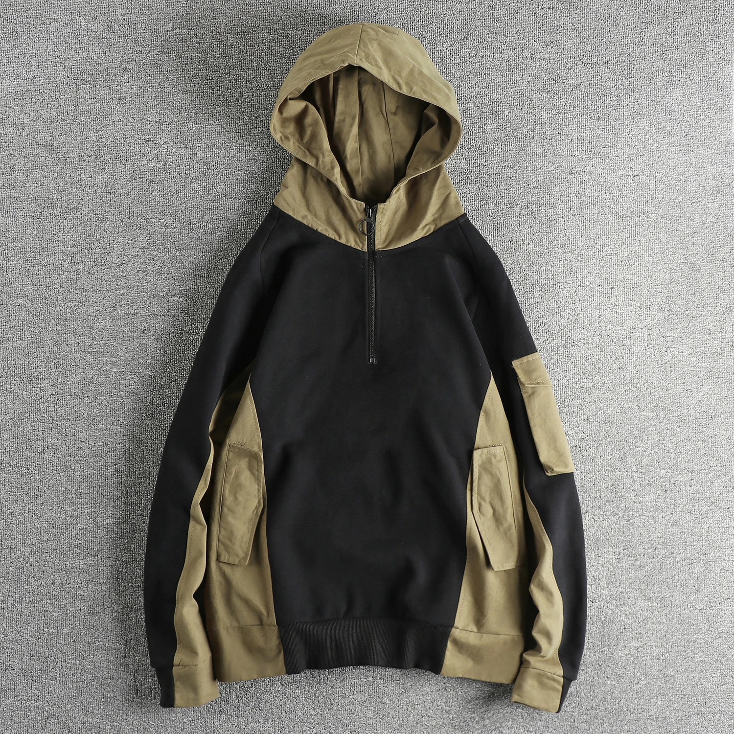 

May Khaki retro heavy thick half open neck hoodie men's patchwork design fashion coat top