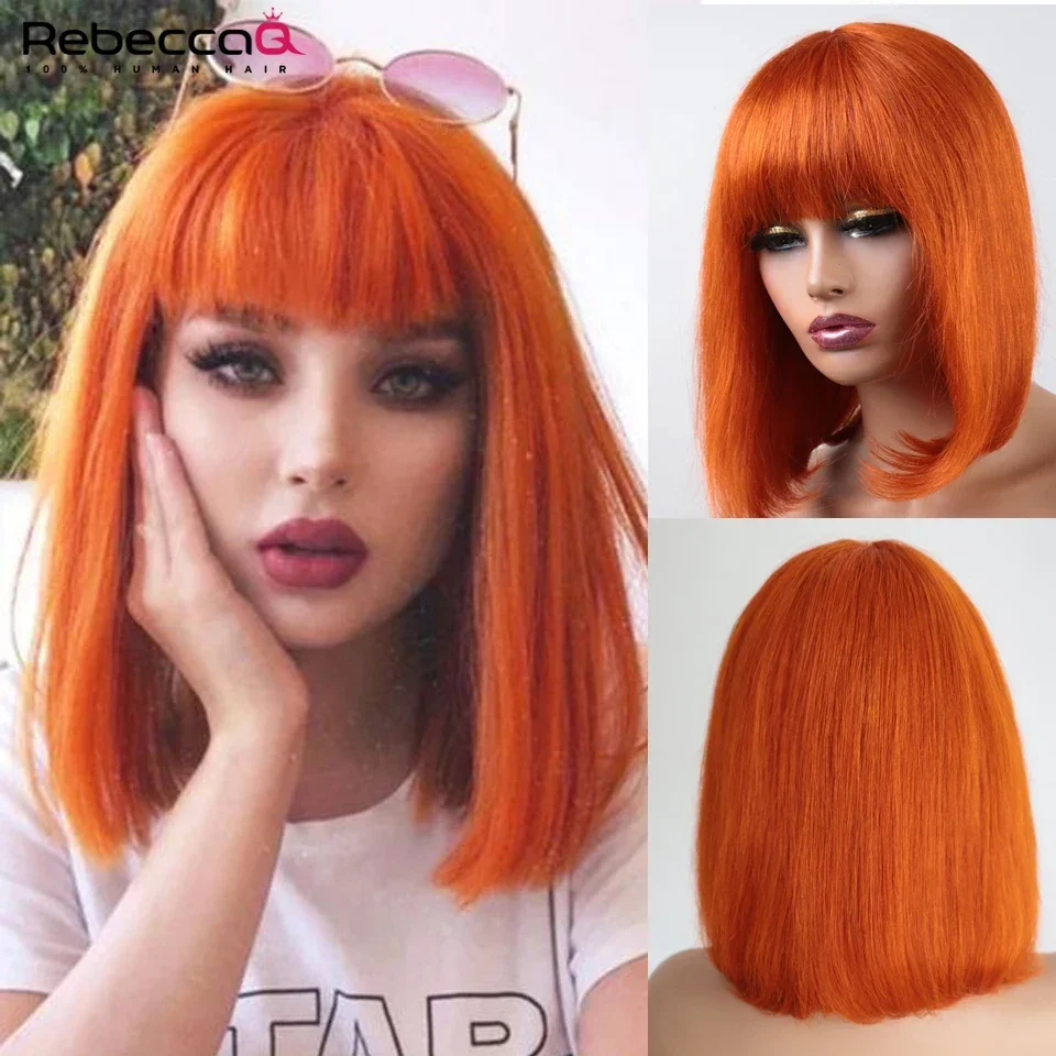 

Короткие прямые парики-каре из натуральных волос Ginger Orange с челкой, 100% человеческие волосы, бразильские прямые волосы, полностью машинная работа