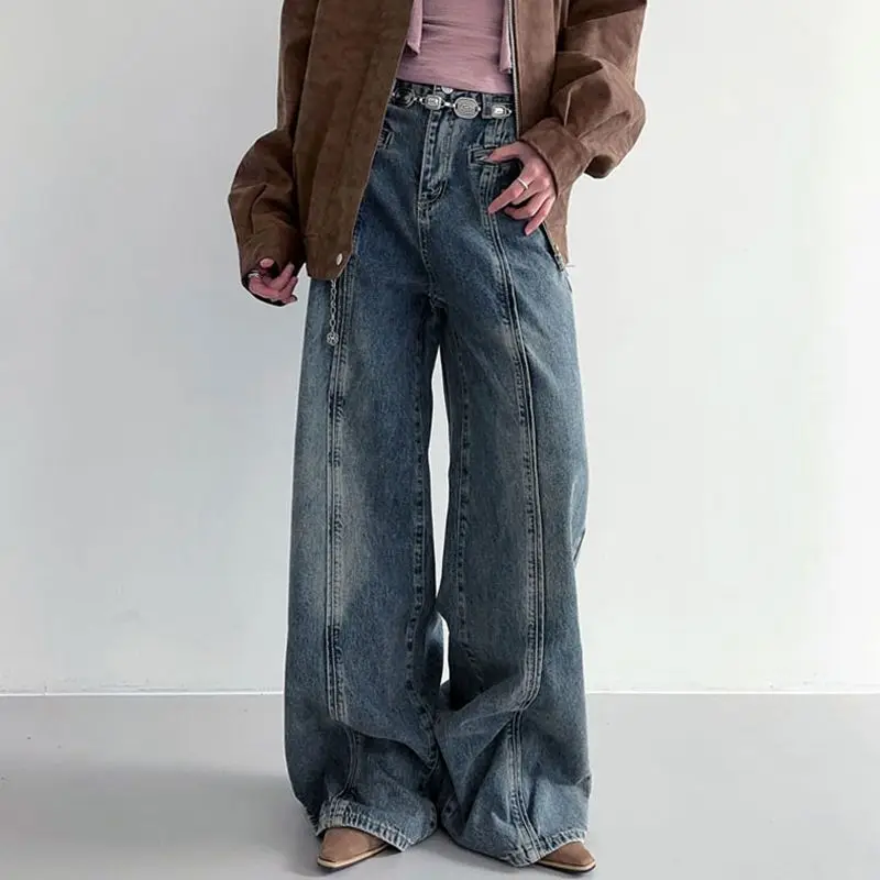 Jean Join Together Straight Loose High Waist Baggy Women Casual Streetwear Vintage Denim Trousers Korean Fashion Wide Leg Pant