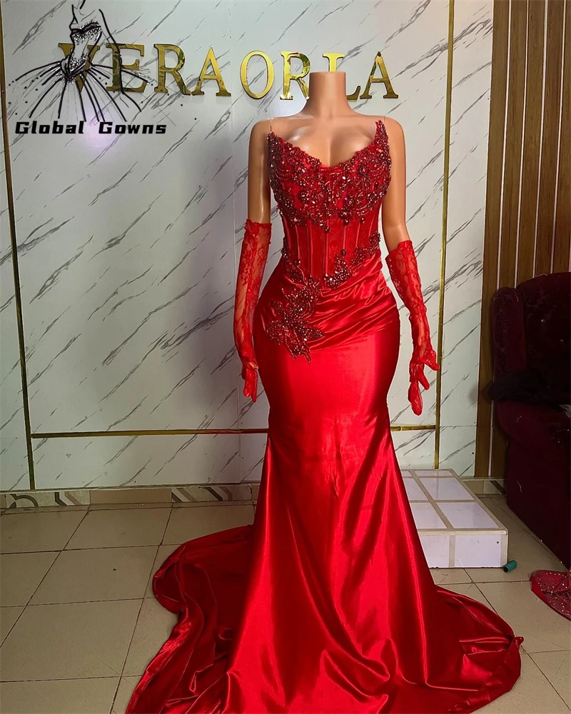 Red Strapless Long Prom Dresses For Black Girls Bead Crystal Evening Dress Mermaid 2024 Birthday Luxury Dresses With Gloves