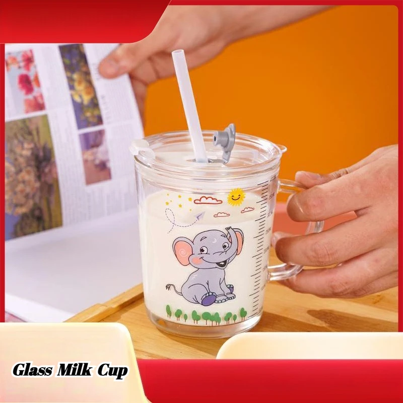 

High Quality Kids Straw Cup with Lid and Handle Cute Glass Tumbler with Scale for Water Tea Milk Coffee Elephant Cartoon Pattern