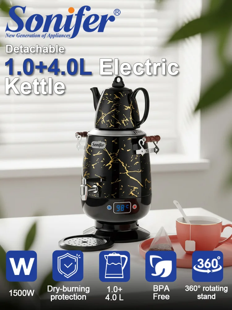 sonifer-sf-2137-electric-samovar-4l-stainless-steel-kettle-1l-ceramic-teapot-2200w-7-temperature-insulation-thermostat-black