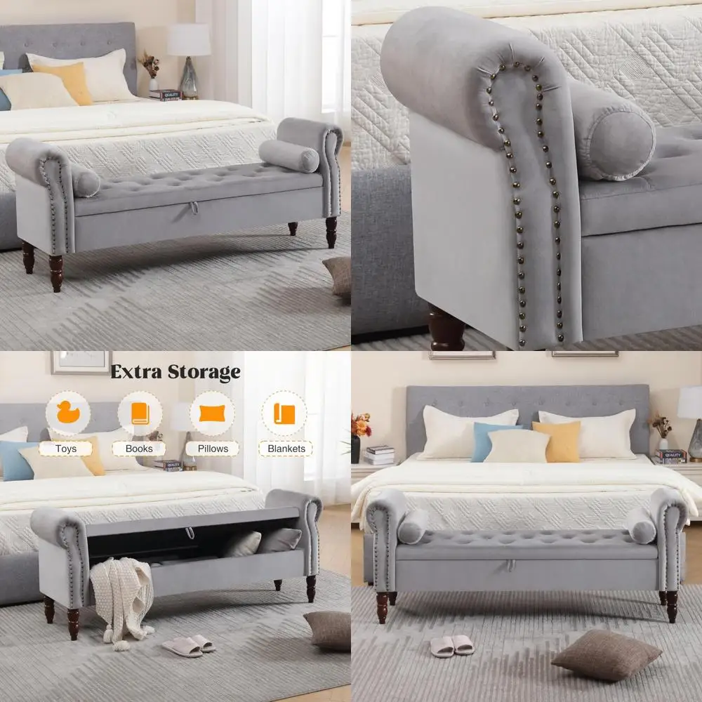 King Size Velvet Upholstered Storage Bench for Bedroom, Foot of Bed, Tufted Bench with Storage, Bedroom Furniture Accent