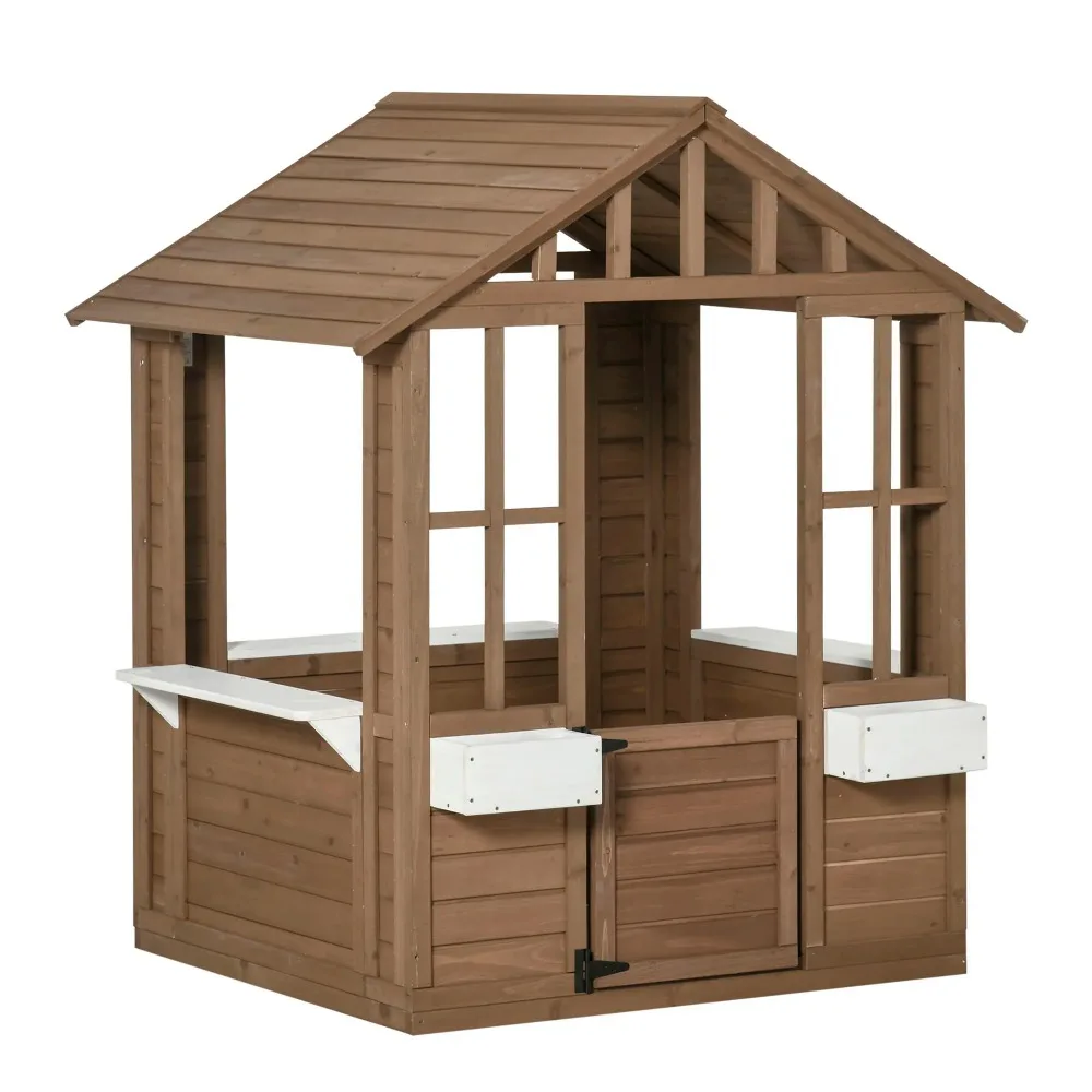 

Kids Wooden Playhouse, Outdoor Garden Games Cottage, with Working Door, Windows, Flowers Pot Holder, 47" X 38" X 54"