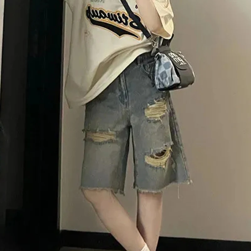 Gidyq Y2K Denim Shorts Women Vintage High Waist Loose Ripped Denim Shorts Summer Casual Streetwear Straight Shorts 2000S