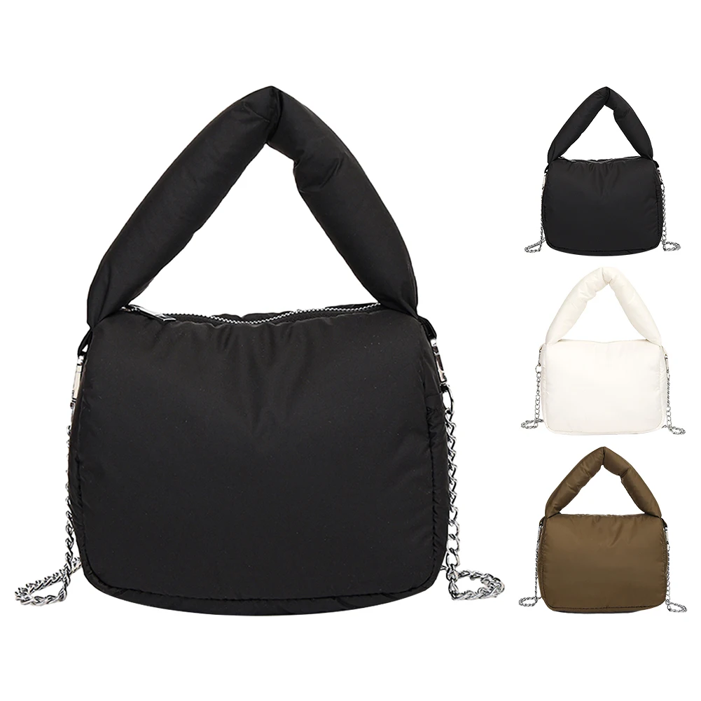 

Women Nylon Puffer Crossbody Bag Zipper Closure Handbag with Chain Solid Color Small Tote Bag for Work Travel
