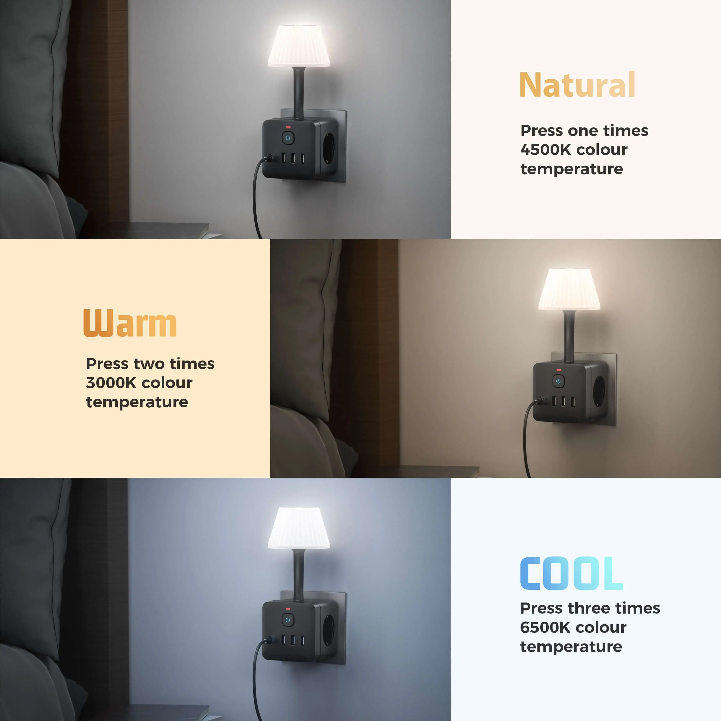 شريط طاقة مكون من 3 منافذ مع مصباح مكتبي سطوع قابل للتعديل، حماية من زيادة التيار، مفتاح تشغيل/إيقاف، 3 منافذ USB-A ومنفذ USB-C واحد