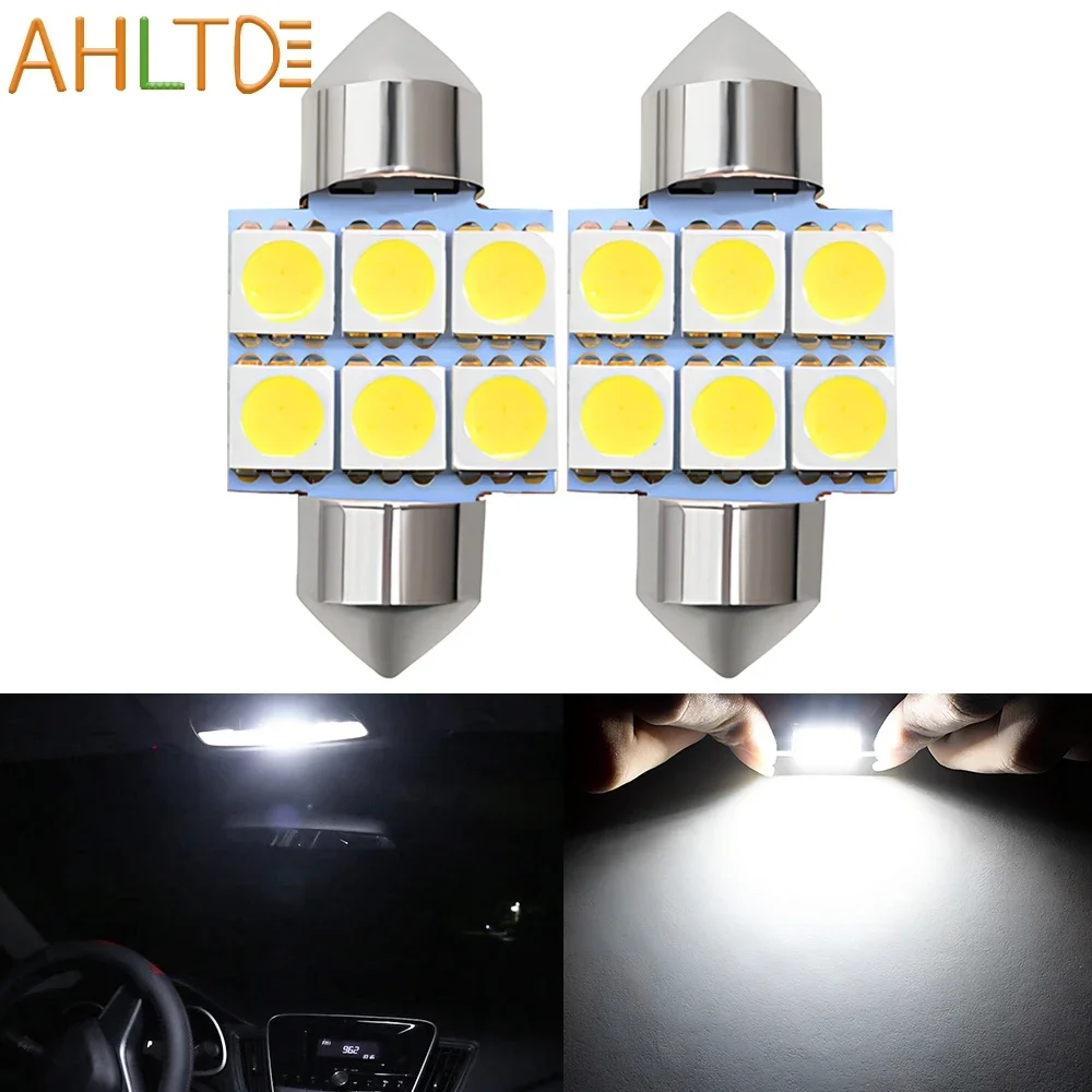 2Pcs White Interior Festoon Dome Car Light Luggage Lamps Auto Led 31/36/39/41mm 12V C5W C10W 5050 6SMD Reading Bulbs Door Lights