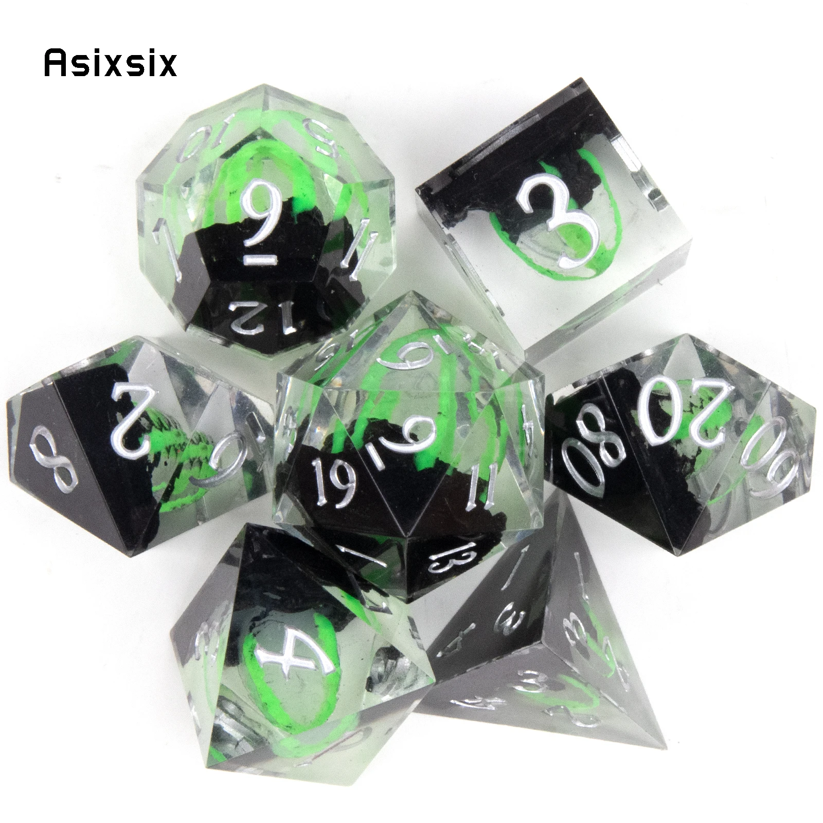 7 Pcs Green Black Dragon Egg Resin Golden Number Sharp Edge Dice Polyhedral Dice Suitable for Role-Playing RPG Board Game