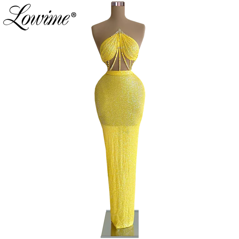 Lowime lantejoulas amarelo baratos vestidos de noite para as mulheres 2022 luxo designer cristais ilusão sexy sereia longo vestido de formatura robes