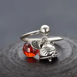 Japanese And Korean Trendy New Silver Retro Lucky Cat Bell Opening Adjustable Ring Female Index Finger Gift