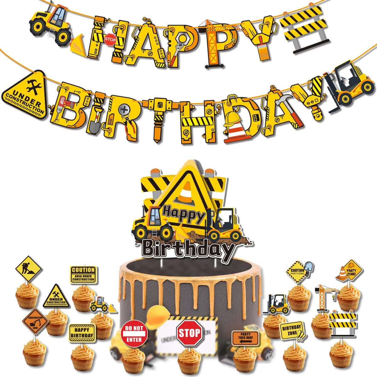 Construction Theme Party Cake Decoration, Truck, Excavator, Warning Sign, Children's Happy Birthday Toppers, 16Pcs