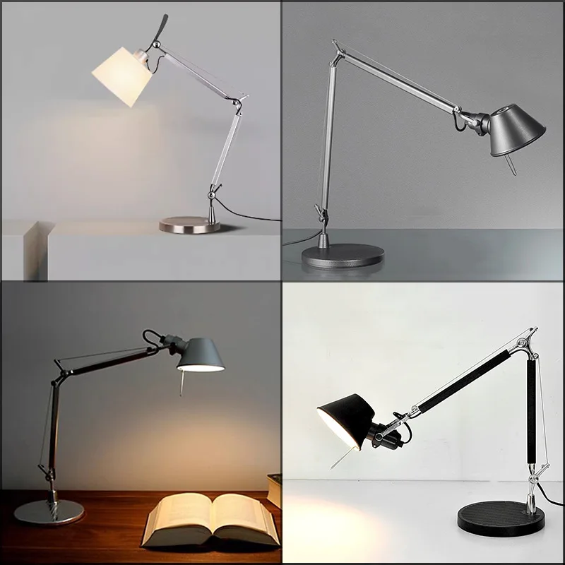Classic Long Arm Straw Hat Table Lamp Black Silver Aluminum Fabric Shade Bedside Study Lighting for Bedroom Home Use