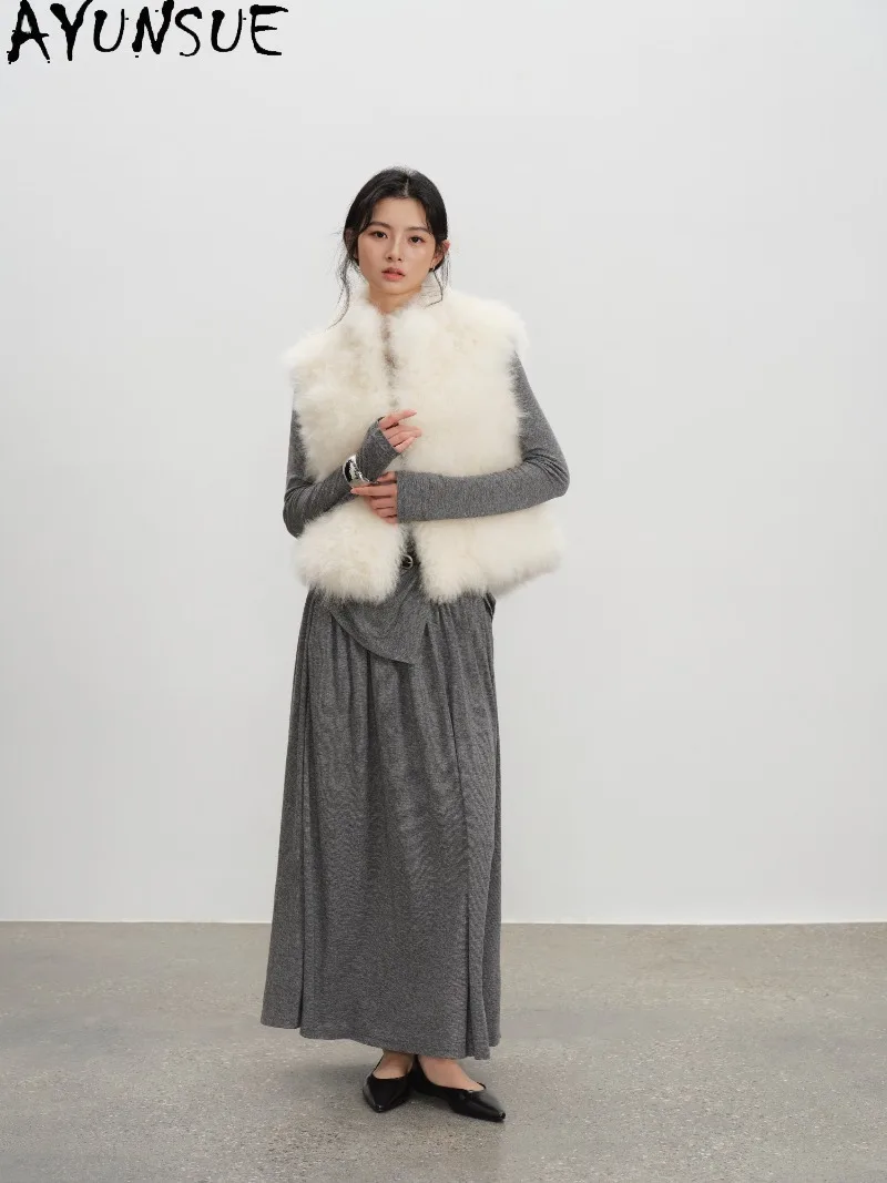 AYUSNUE Cashmere Vest High Collar Short Stand Collar Straight Cut Fur Sleeveless Waistcoat Winter Ladies Gilet Outerwear Slim