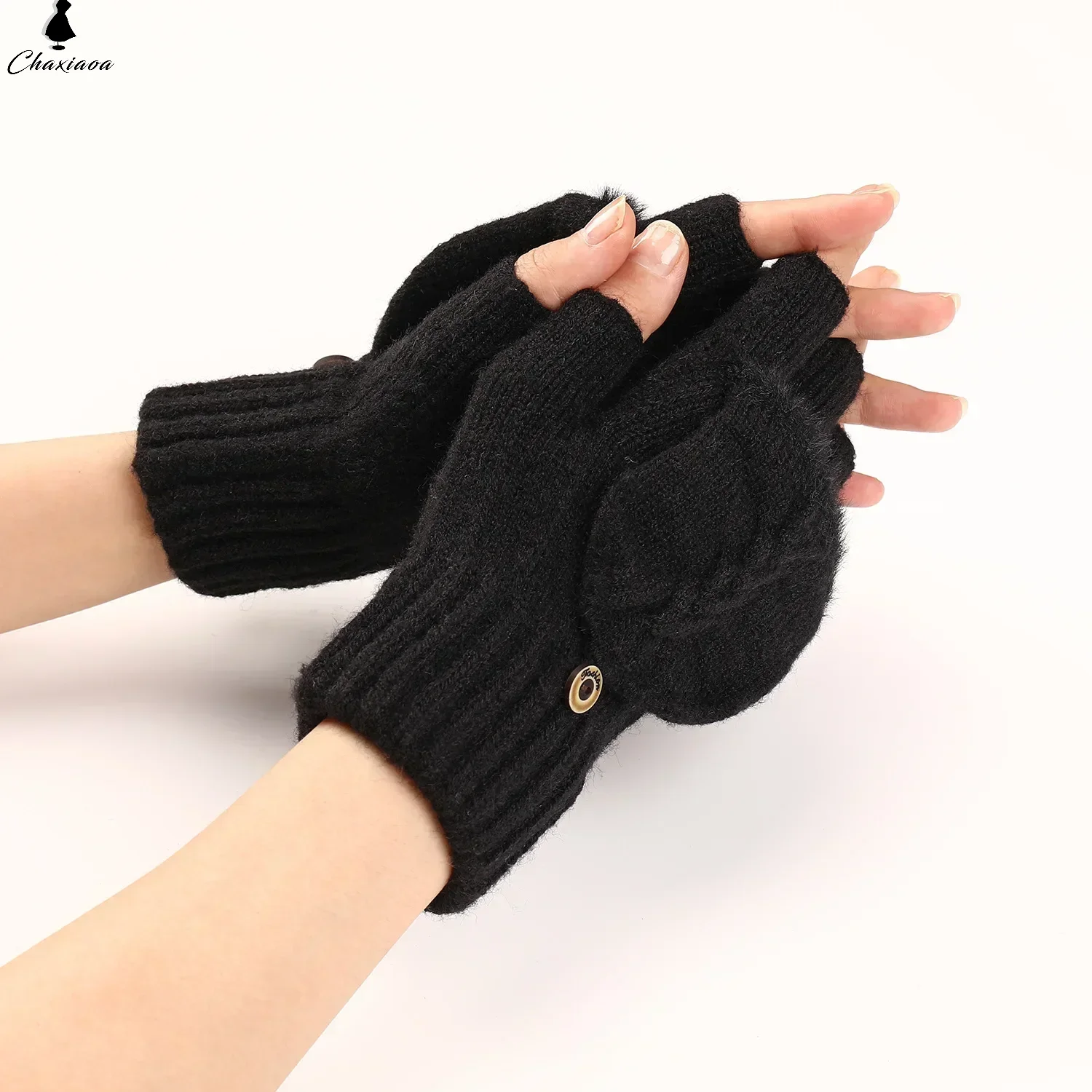 Flip Edge Burrs Knitted Half Finger Gloves, Women Flip Fingerless Exposed Finger Thick Glove Mittens Winter Warm Women Mitts