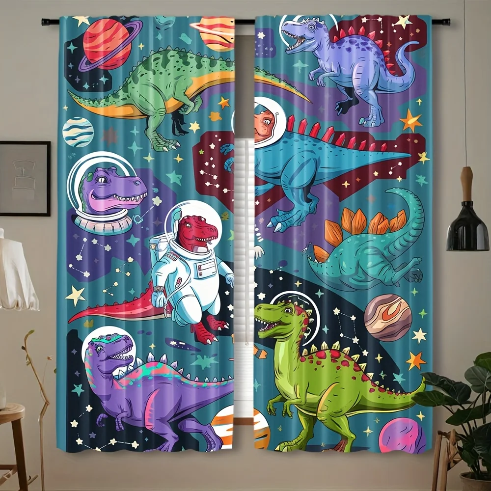 Cosmic Cartoon Space Dinosaur Curtain 2 Pack, Astronaut Dino Planet Star Print Drapes for Boys Kids Bedroom Nursery Decor